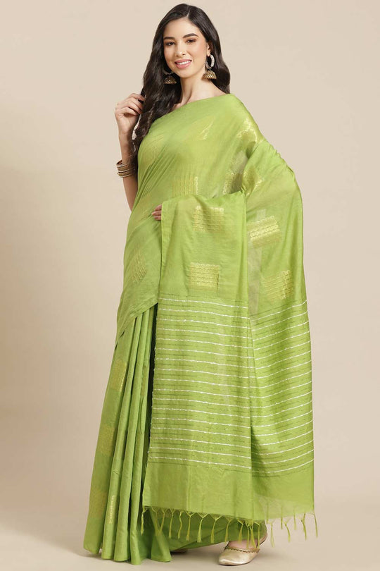 Buy Light Green Zari Woven Blended Silk One Minute Saree Online