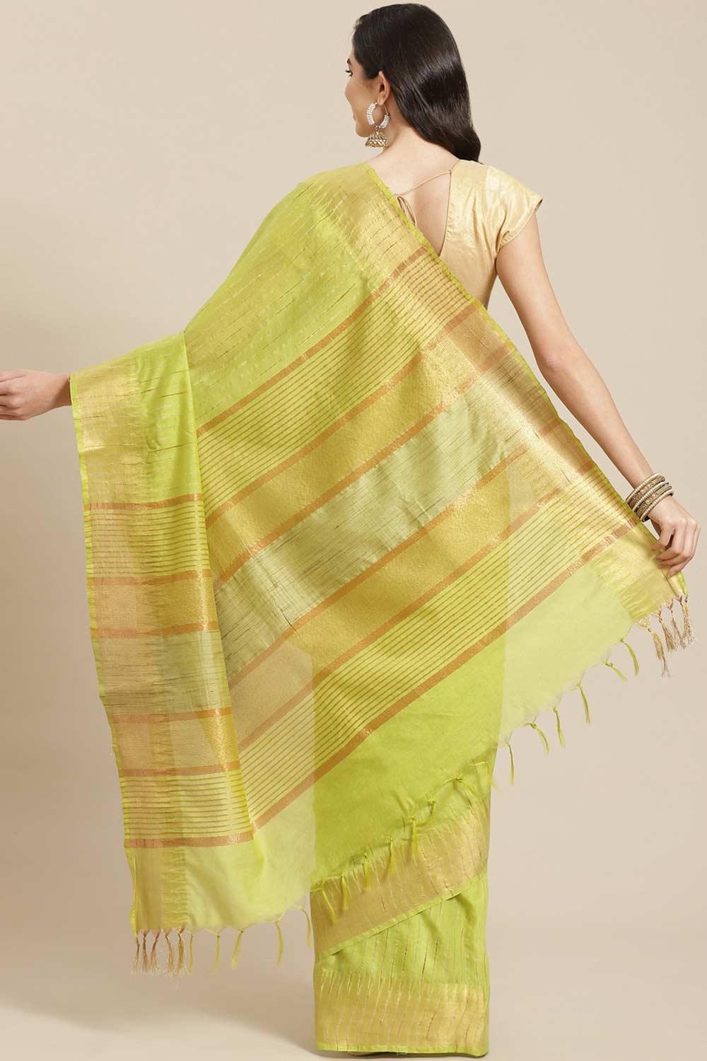 Buy Light Green Zari Woven Blended Silk One Minute Saree Online - Back