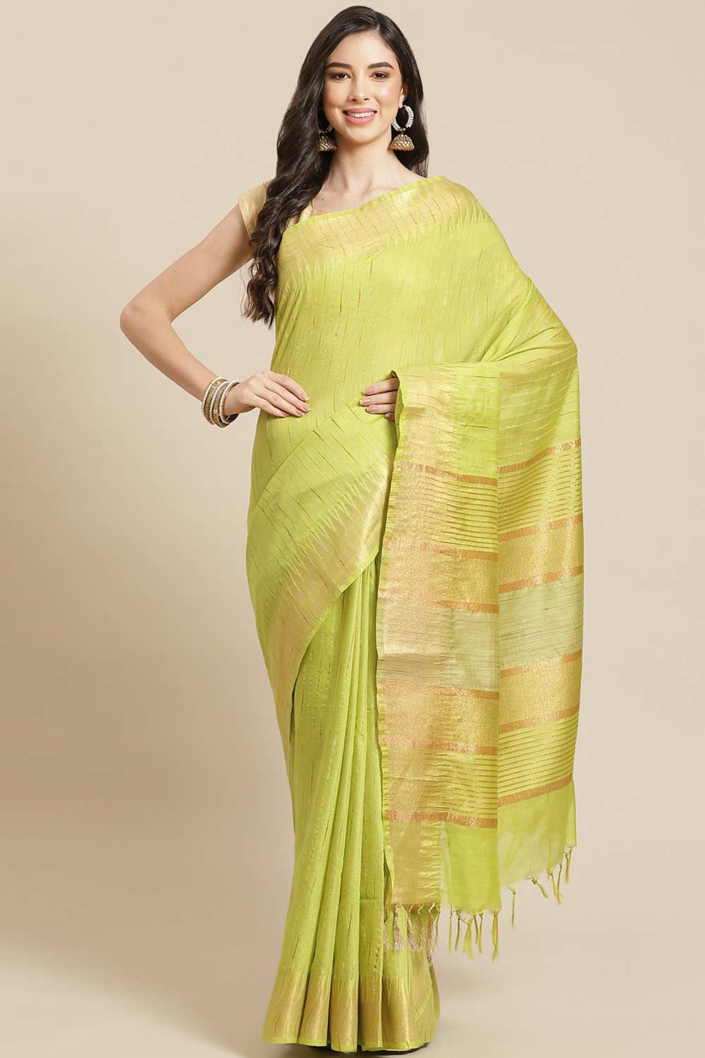 Buy Light Green Zari Woven Blended Silk One Minute Saree Online