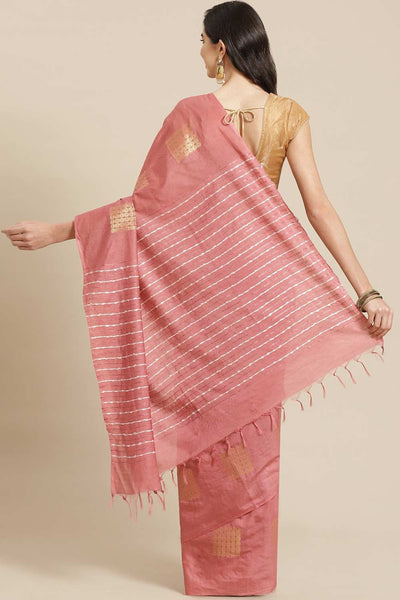 Buy Peach Zari Woven Blended Silk One Minute Saree Online - Back