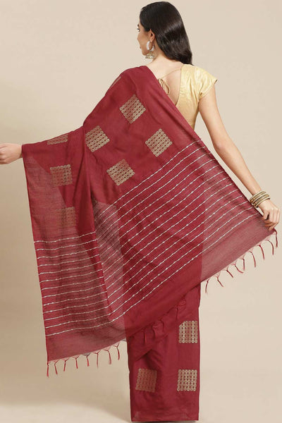 Buy Maroon Zari Woven Blended Silk One Minute Saree Online - Back