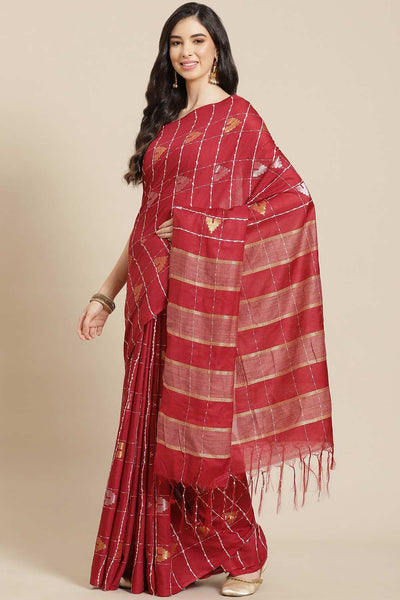 Buy Maroon Zari Woven Blended Silk One Minute Saree Online