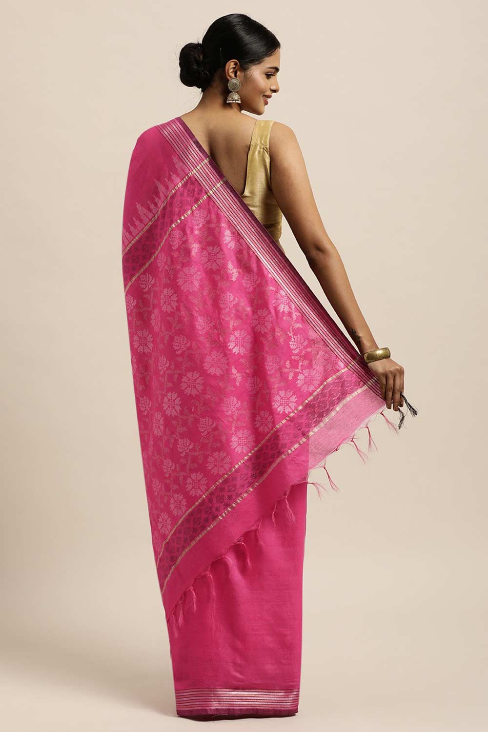 Buy Pink Zari Woven Blended Silk One Minute Saree Online - Back