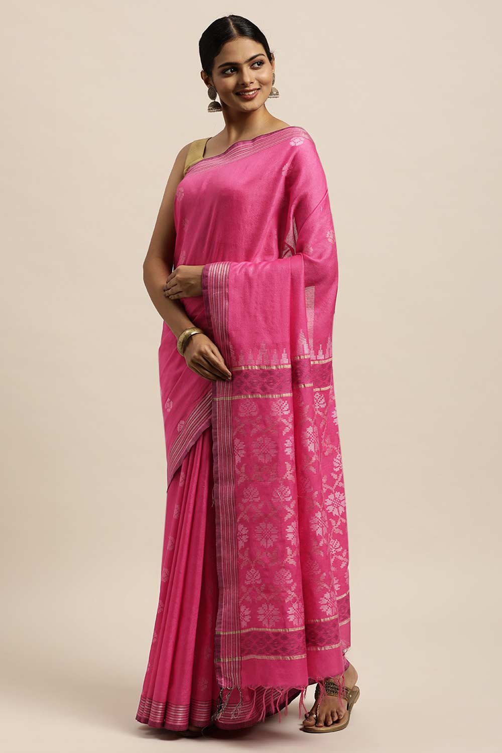 Buy Pink Zari Woven Blended Silk One Minute Saree Online