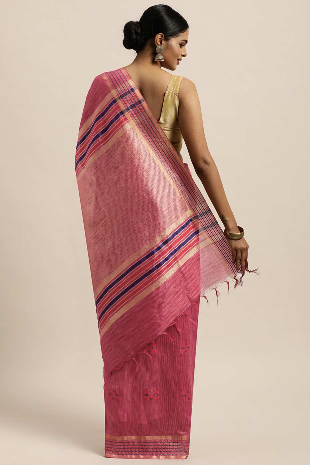 Buy Pink Zari Woven Silk Blend One Minute Saree Online - Back