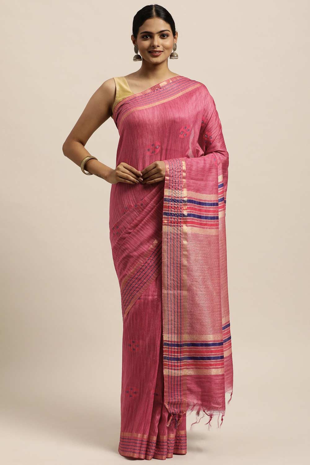 Buy Pink Zari Woven Silk Blend One Minute Saree Online