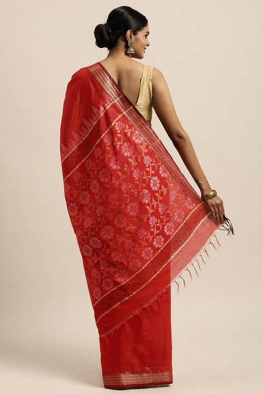 Buy Red Zari Woven Blended Silk One Minute Saree Online - Back