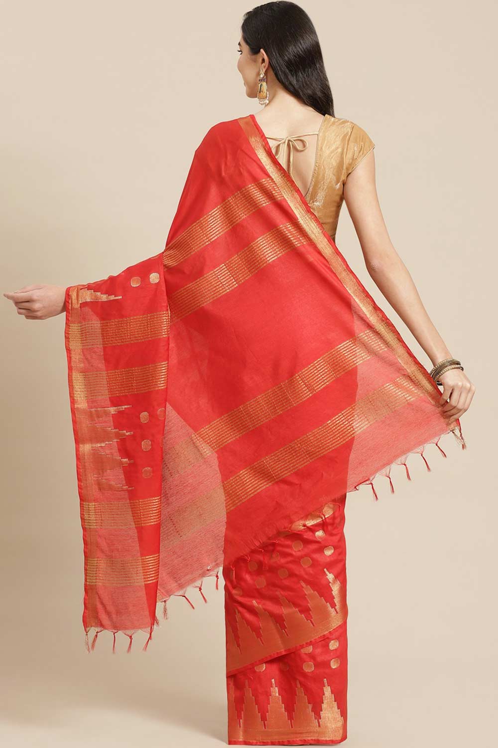 Buy Red Zari Woven Blended Silk One Minute Saree Online - Back