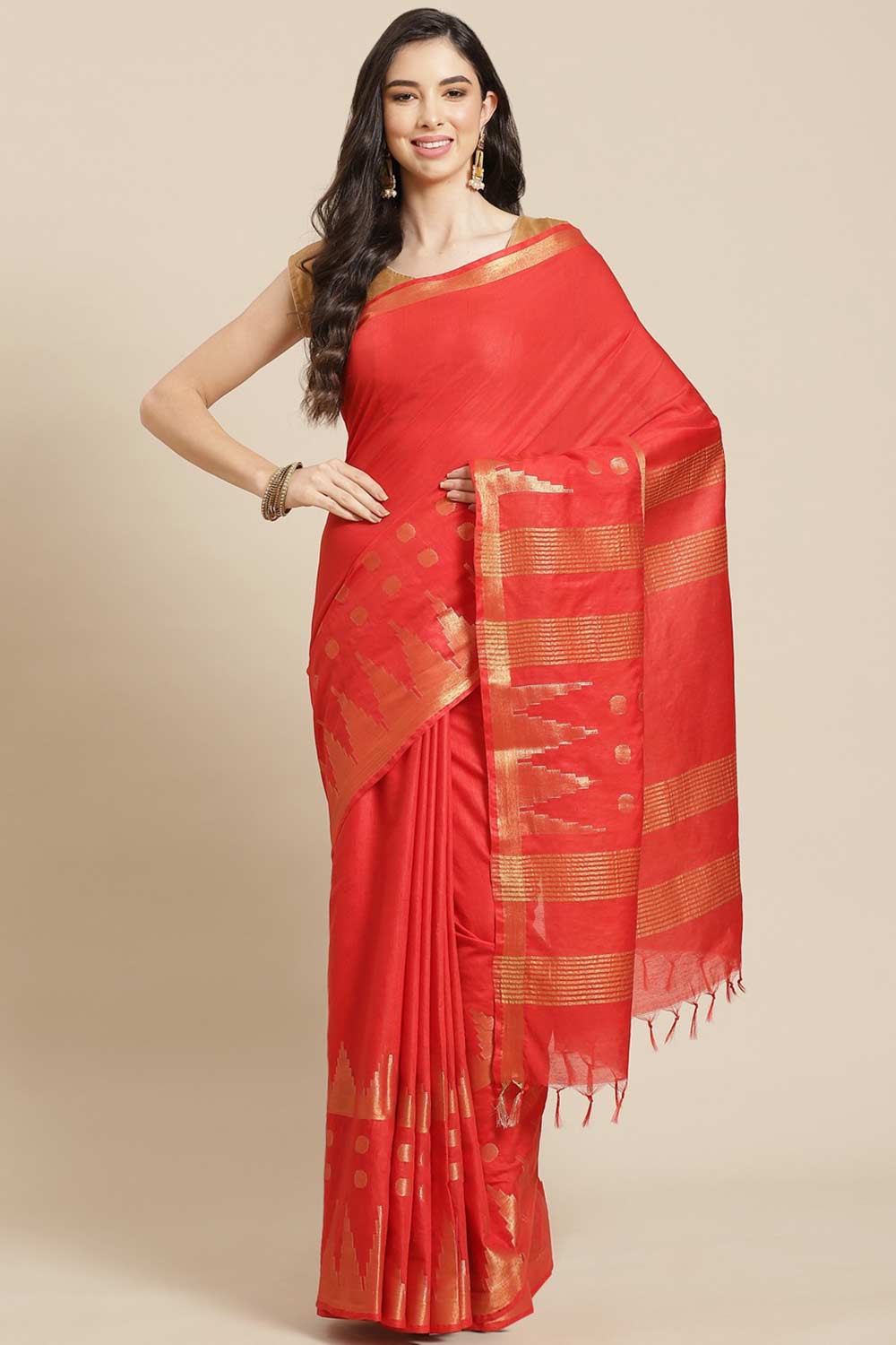 Buy Red Zari Woven Blended Silk One Minute Saree Online
