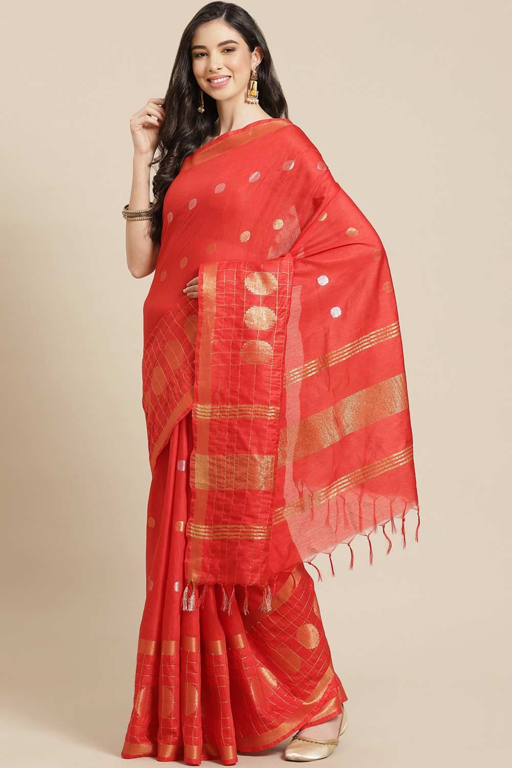 Buy Red Zari Woven Blended Silk One Minute Saree Online