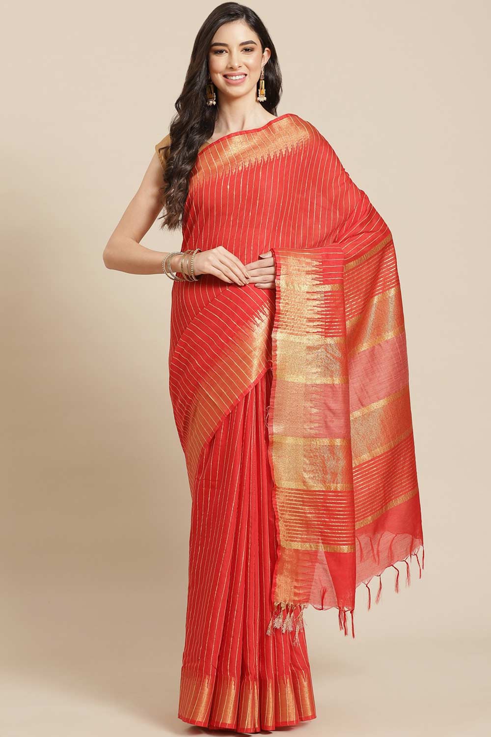 Buy Red Zari Woven Blended Silk One Minute Saree Online