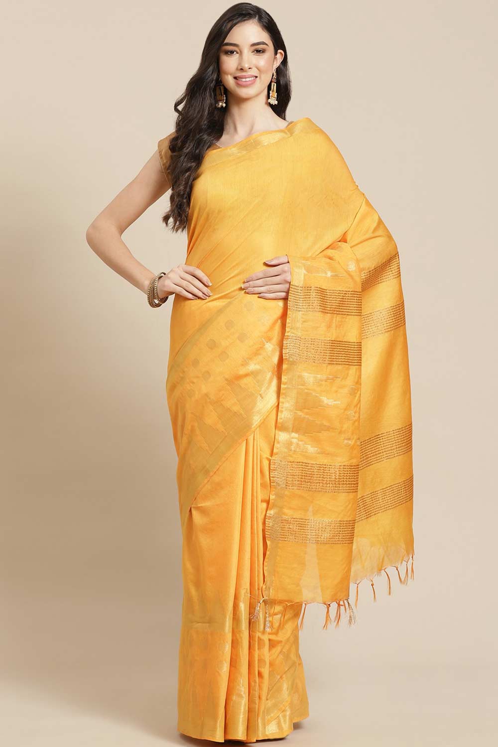 Buy Yellow Zari Woven Blended Silk One Minute Saree Online