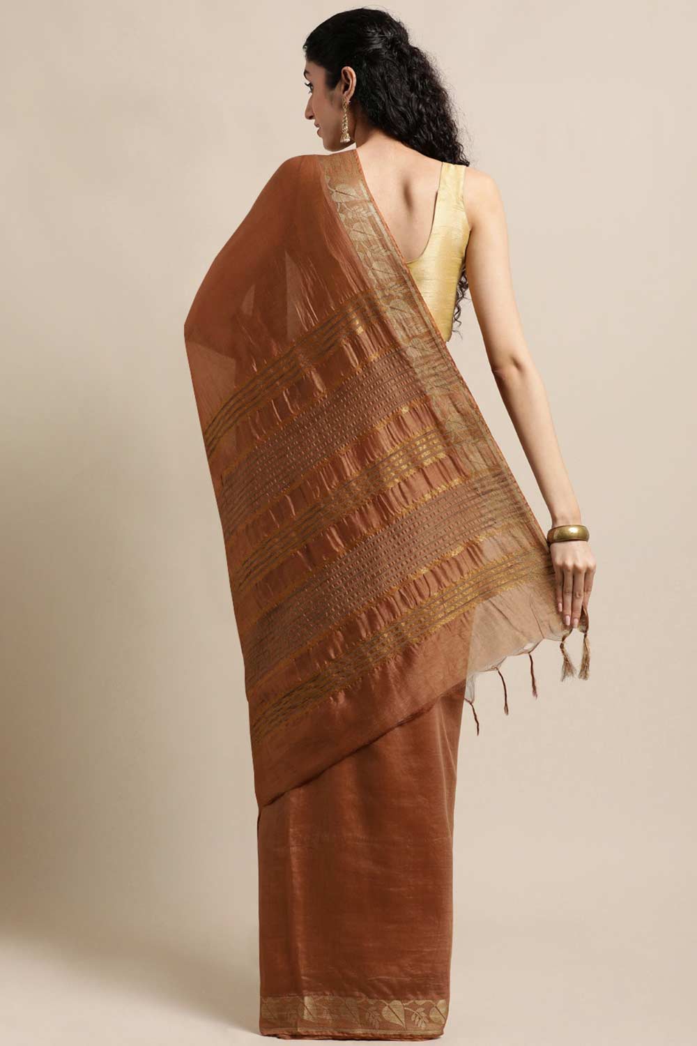 Buy Brown Solid MODAL SILK One Minute Saree Online - Back