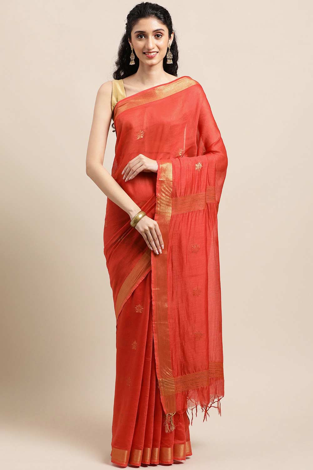 Buy Red Zari Woven MODAL SILK One Minute Saree Online
