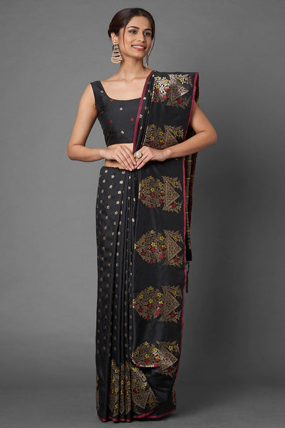 Buy Women's Black Zari Silk Blend One Minute Saree