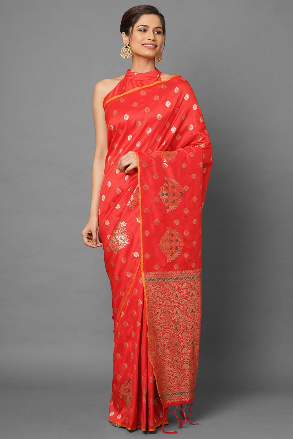 Buy Women's Red Zari Silk Blend One Minute Saree