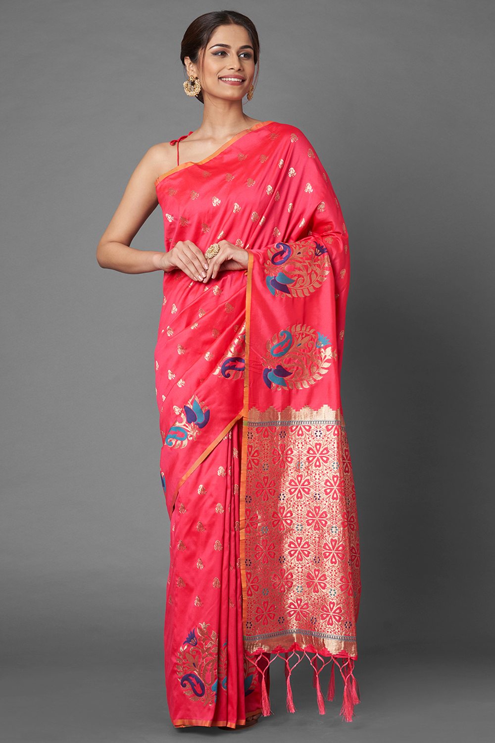 Buy Women's Peach Zari Silk Blend One Minute Saree