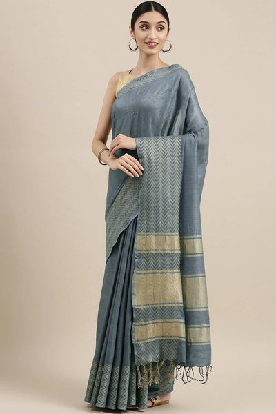 Buy Grey Zari Woven Linen Blend One Minute Saree Online