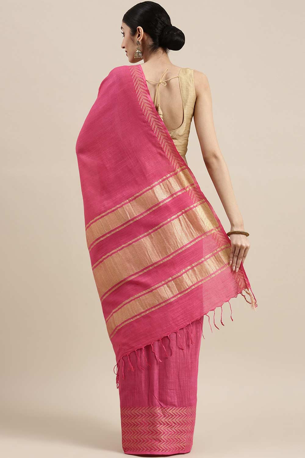 Buy Pink Zari Woven Linen Blend One Minute Saree Online - Back