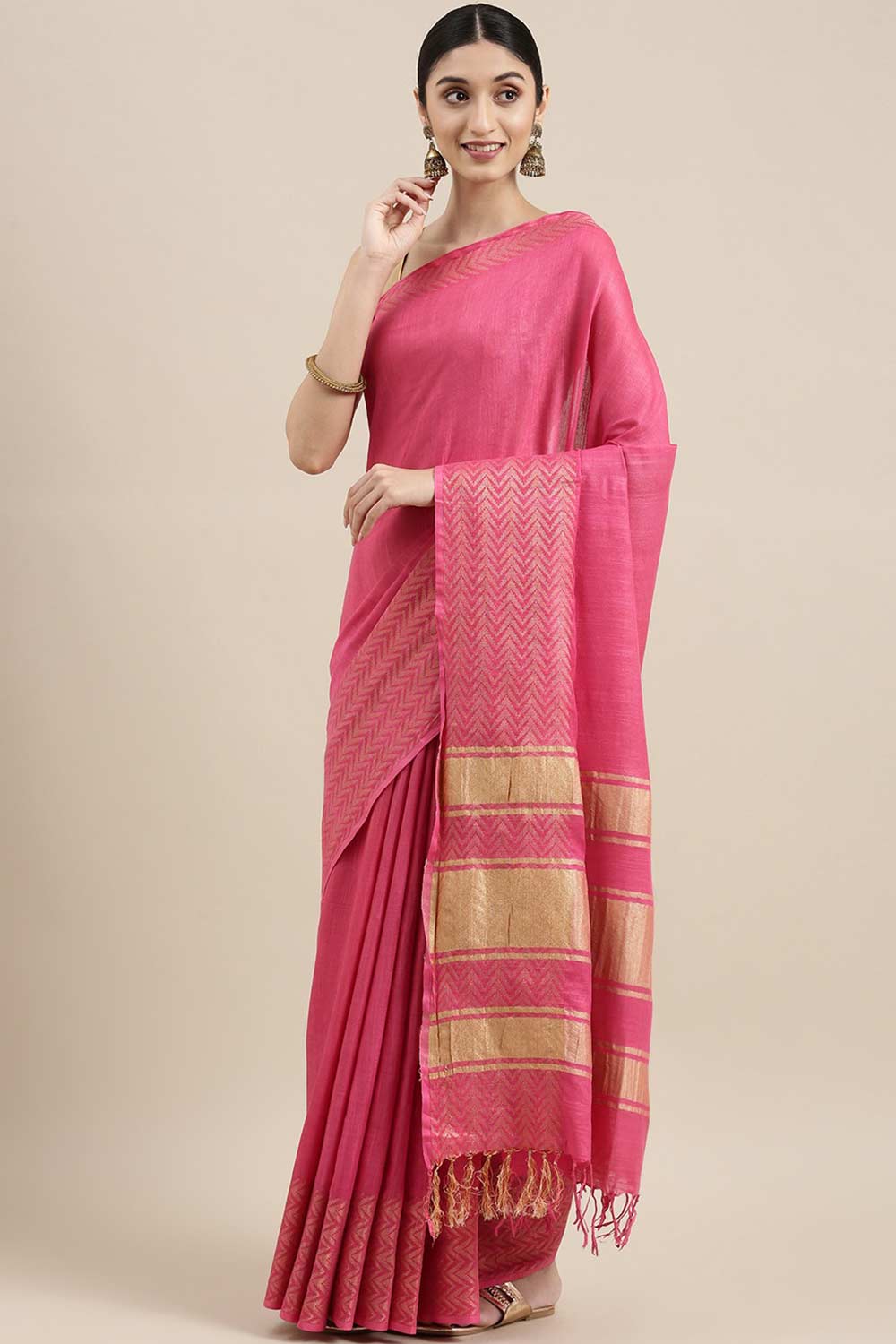 Buy Pink Zari Woven Linen Blend One Minute Saree Online