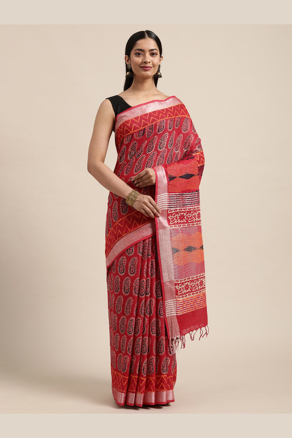 Buy Red Paisley Print Linen One Minute Saree