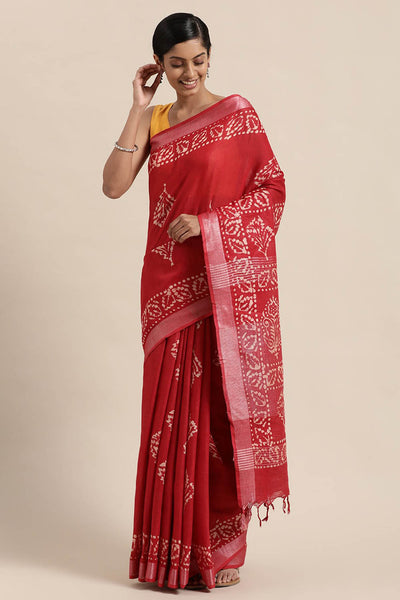 Buy Red Batik Print Linen One Minute Saree