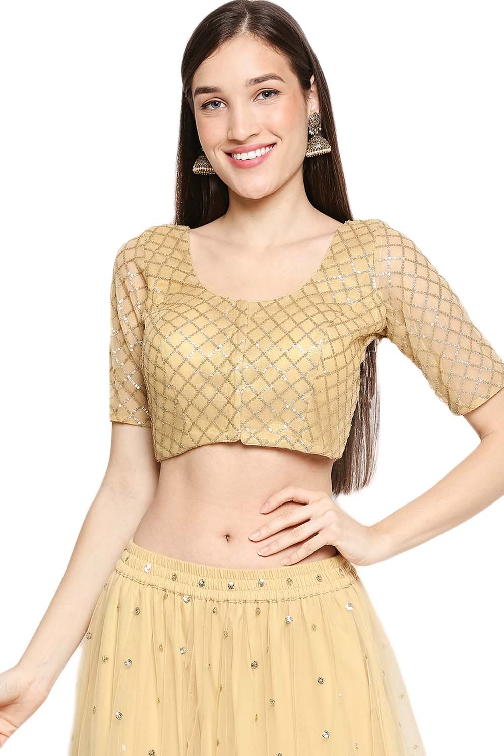 Buy  Beige Net Sequin Embroidered Blouse Online