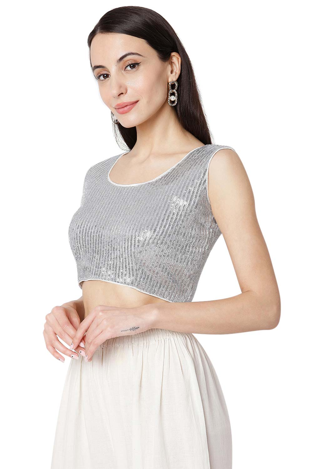 Buy Cotton Sequin Saree Blouse in Silver - Front