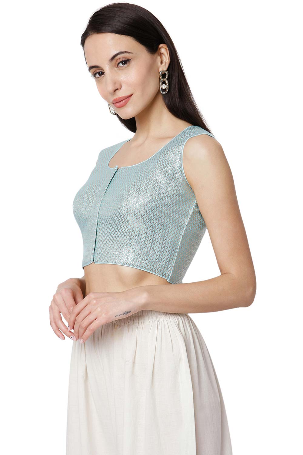 Buy Cotton Zari Embroidered Saree Blouse in Light Blue - Front