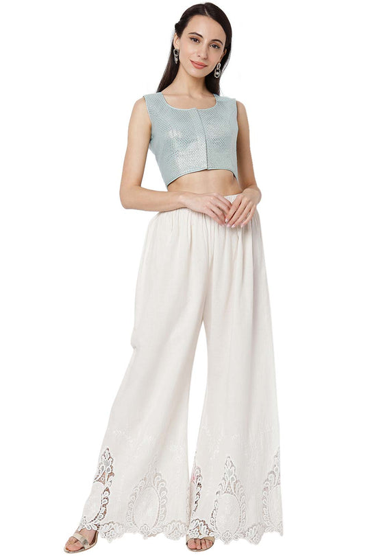 Buy Cotton Zari Embroidered Saree Blouse in Light Blue - Zoom In