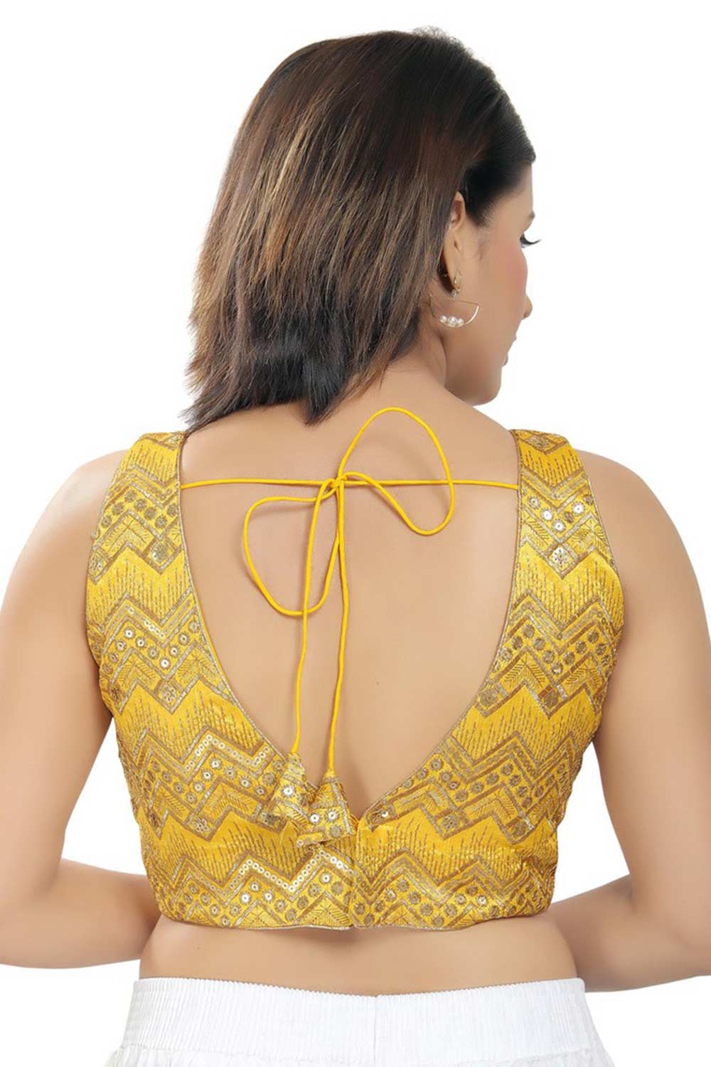 Sakshi Yellow Art Silk Embroidered Sleeveless Blouse