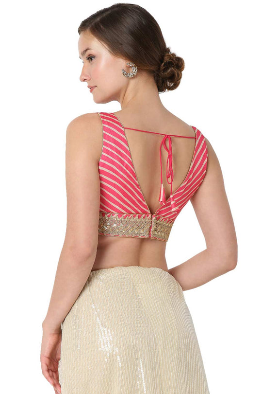 Ava Pink Art Silk Embroidered V-Neck Sleeveless Blouse