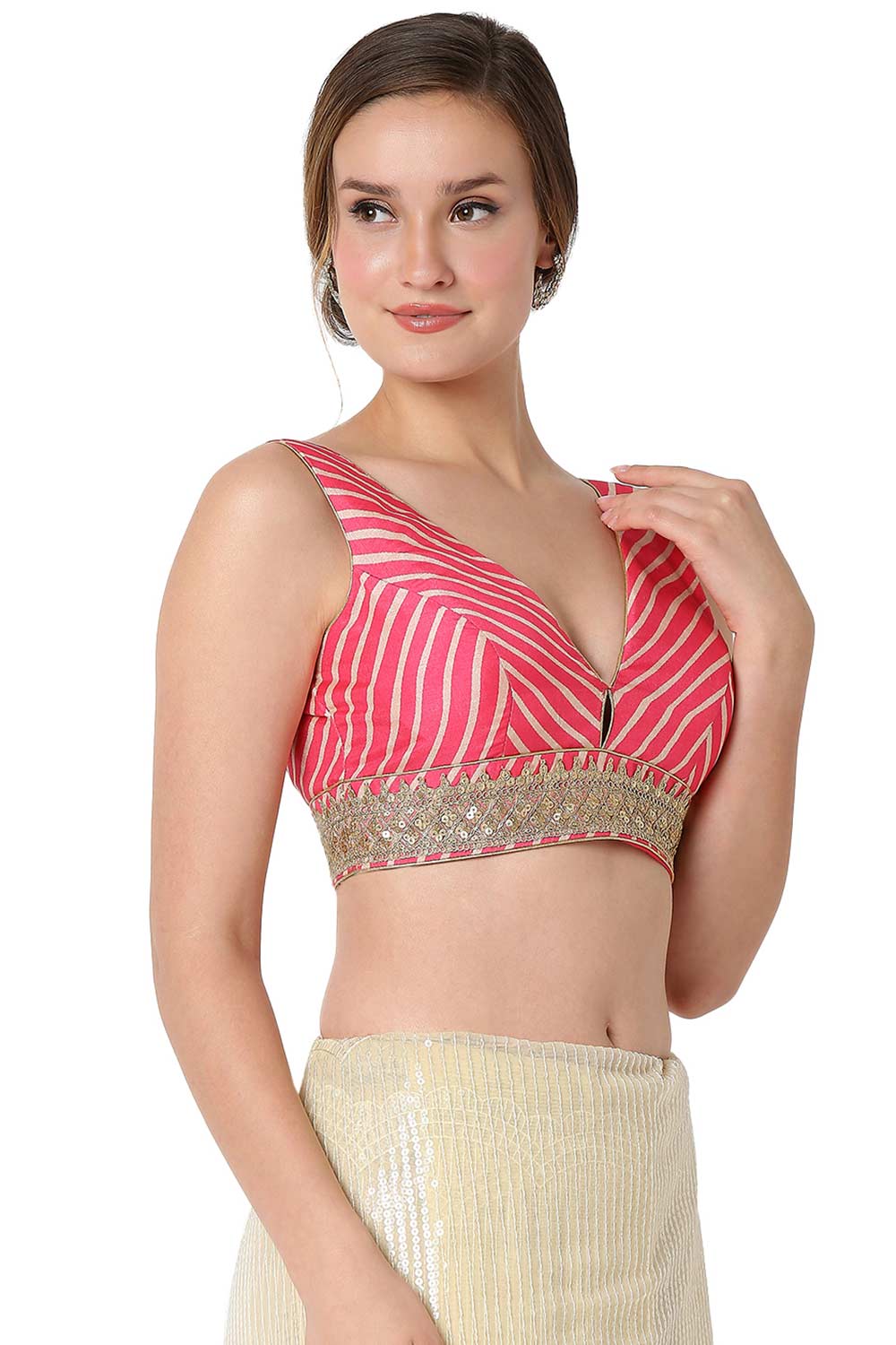 Ava Pink Art Silk Embroidered V-Neck Sleeveless Blouse