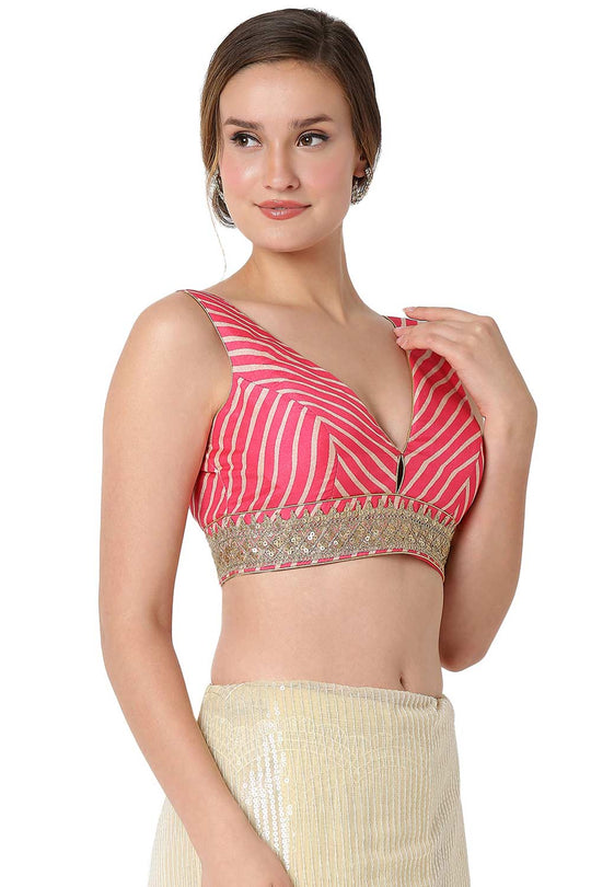 Ava Pink Art Silk Embroidered V-Neck Sleeveless Blouse