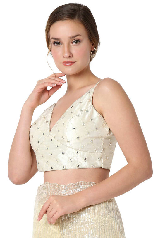 Diana Off White Embroidered Art Silk Strappy Sleeveless Blouse