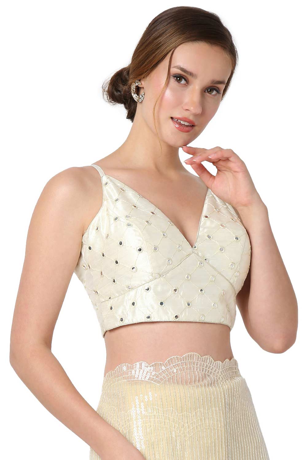 Diana Off White Embroidered Art Silk Strappy Sleeveless Blouse