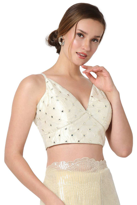 Diana Off White Embroidered Art Silk Strappy Sleeveless Blouse