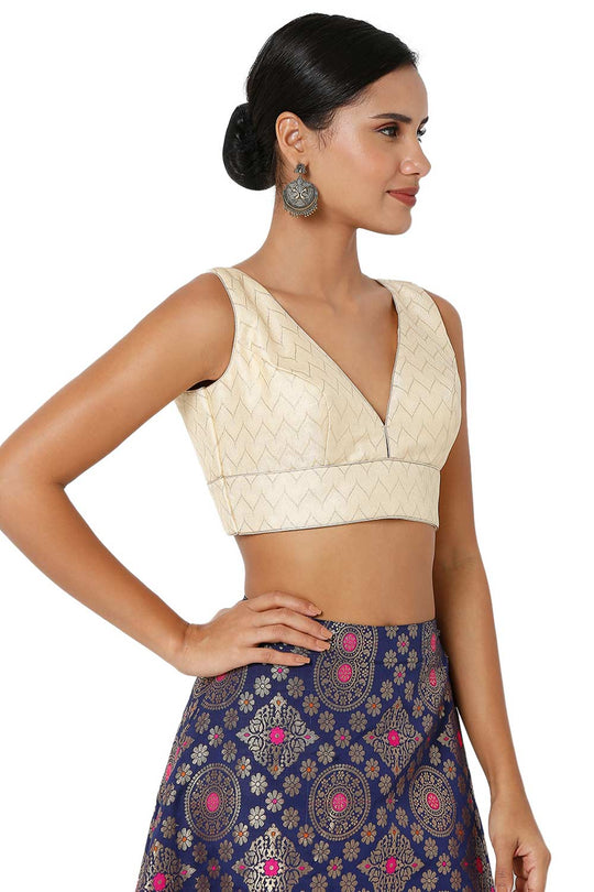 Hannah Light Gold Brocade V-Neck Sleeveless Blouse