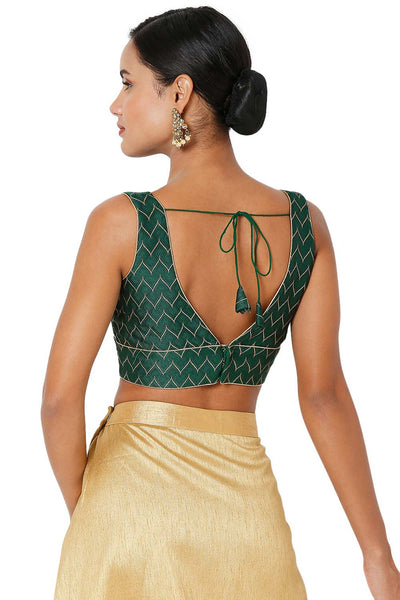 Green Brocade Woven Design V-Neck Sleeveless Blouse