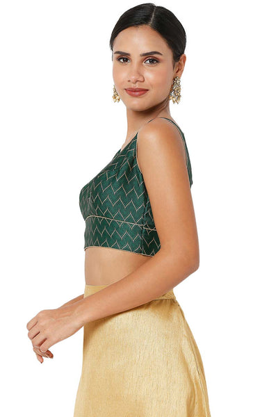 Green Brocade Woven Design V-Neck Sleeveless Blouse