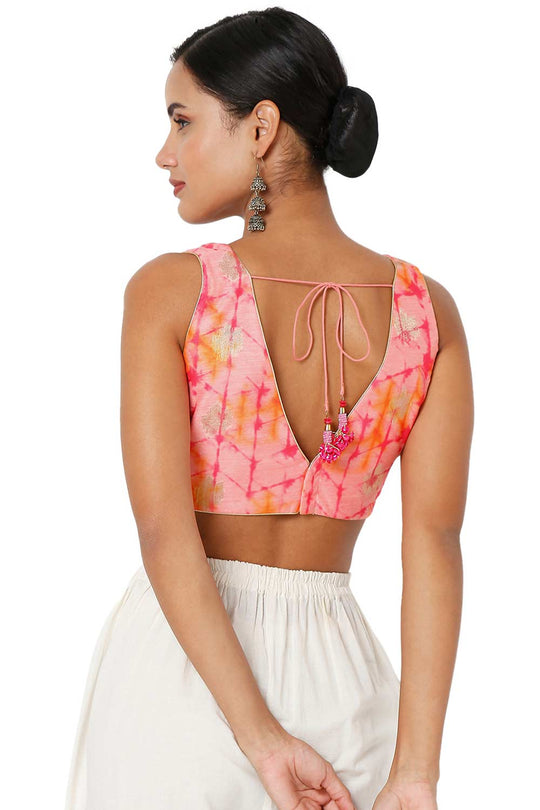 Daisy Pink Brocade Woven Design V-Neck Sleeveless Blouse