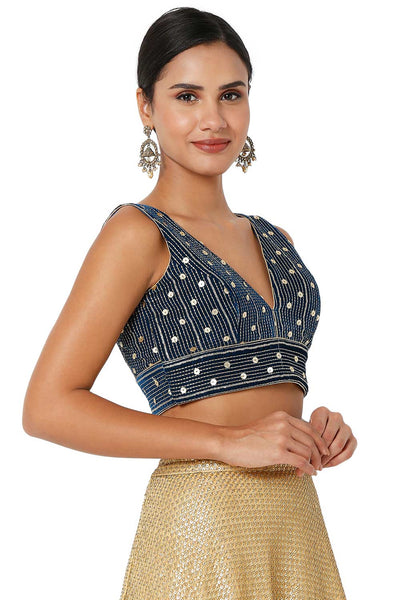 Layla Fire Blue Velvet Embroidered V-Neck Sleeveless Blouse