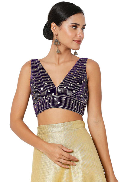 Buy Brinjal Velvet Embroidered Blouse Online