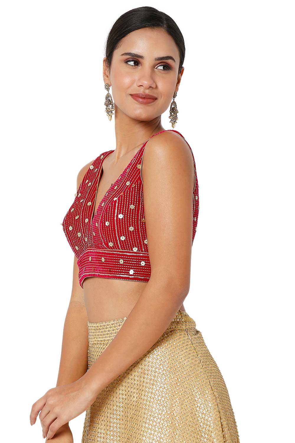 Layla Pink Velvet Embroidered V-Neck Sleeveless Blouse