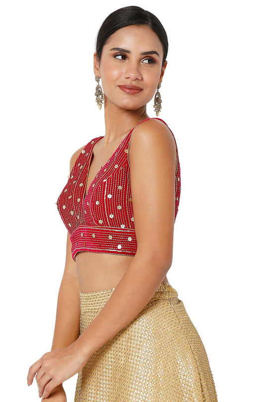 Layla Pink Velvet Embroidered V-Neck Sleeveless Blouse