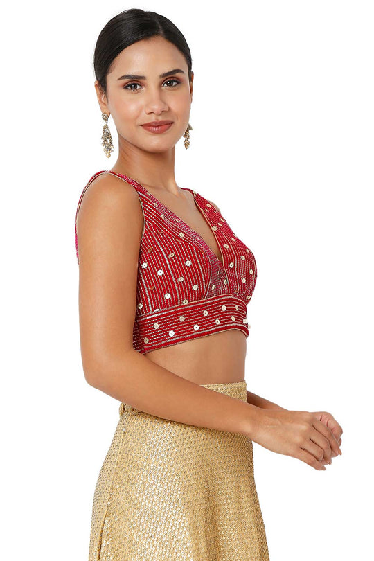 Layla Pink Velvet Embroidered V-Neck Sleeveless Blouse