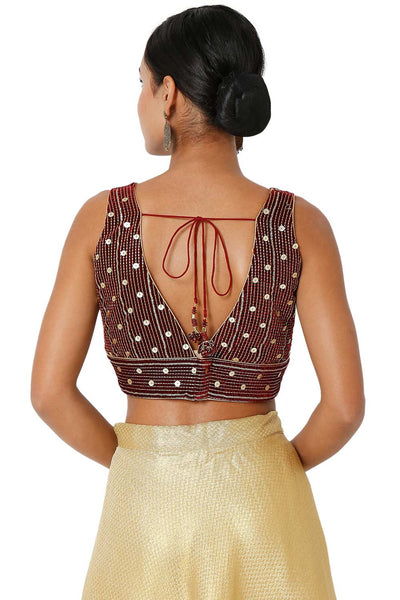 Layla Burgundy Velvet Embroidered V-Neck Sleeveless Blouse