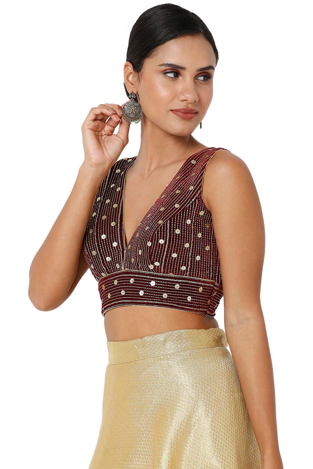 Layla Burgundy Velvet Embroidered V-Neck Sleeveless Blouse