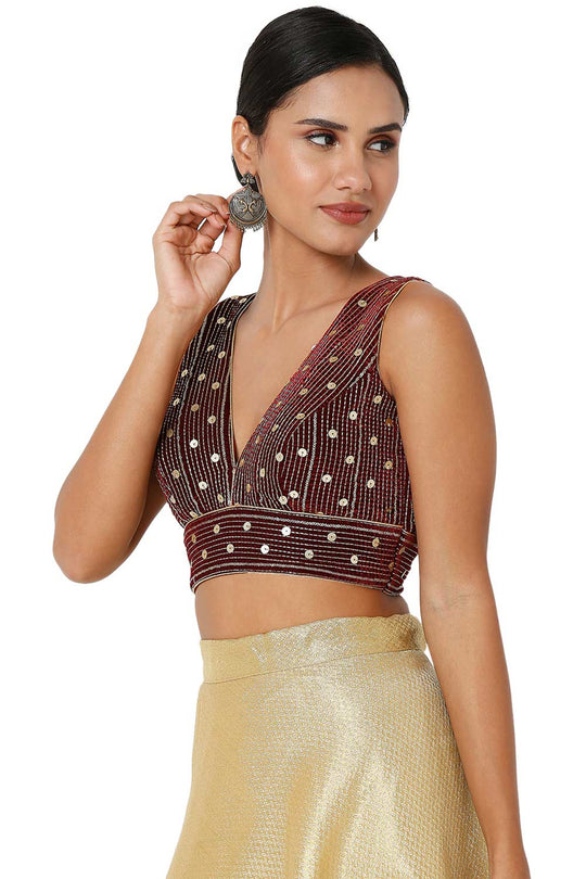 Layla Burgundy Velvet Embroidered V-Neck Sleeveless Blouse