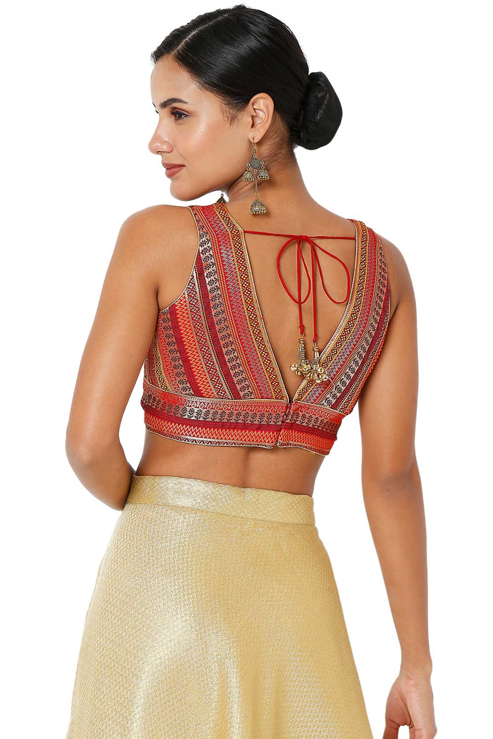 Surya Maroon Brocade Woven Design V-Neck Sleeveless Blouse